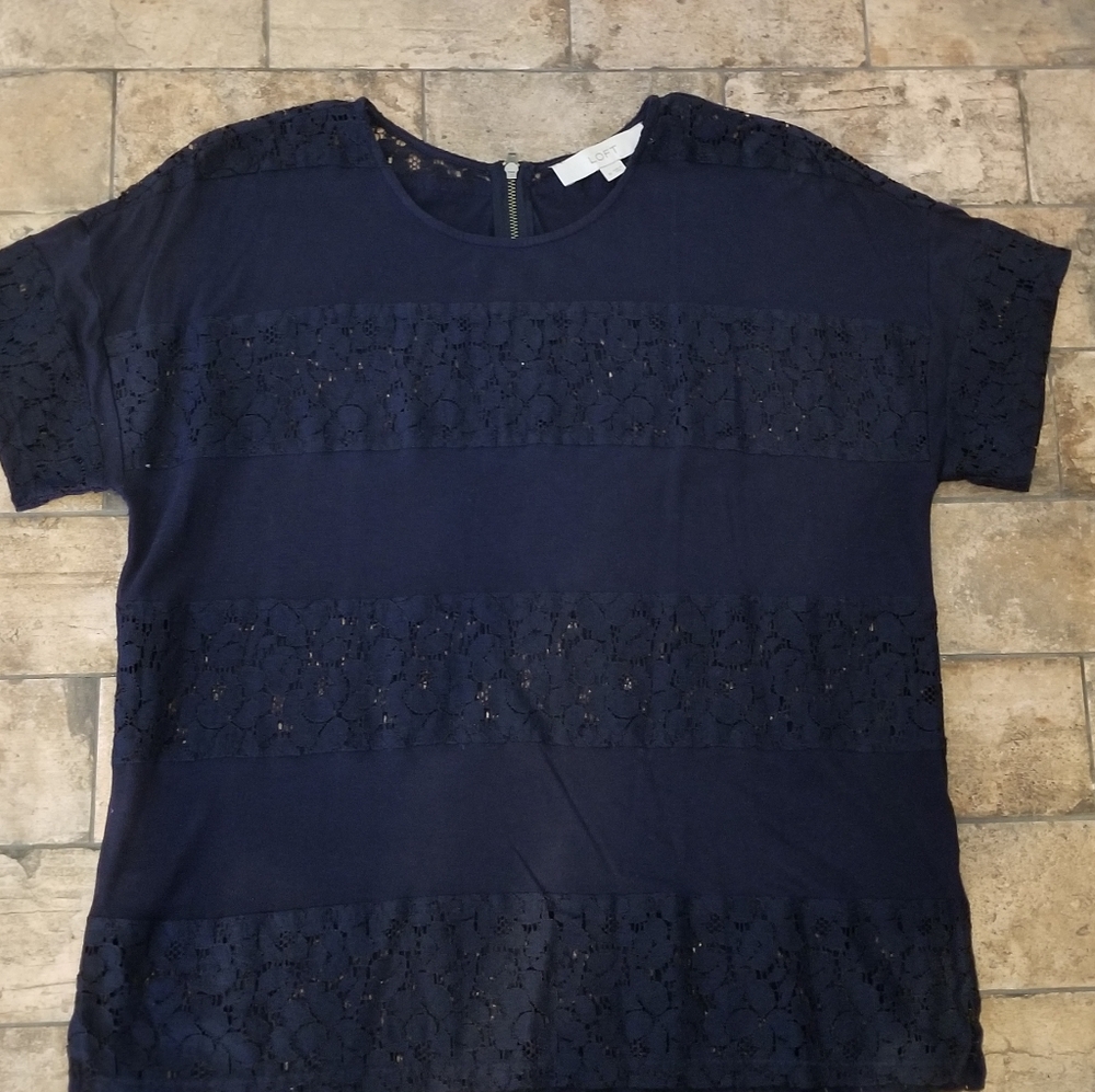 Loft Blouse Size Medium M Lace Detail Navy Blue